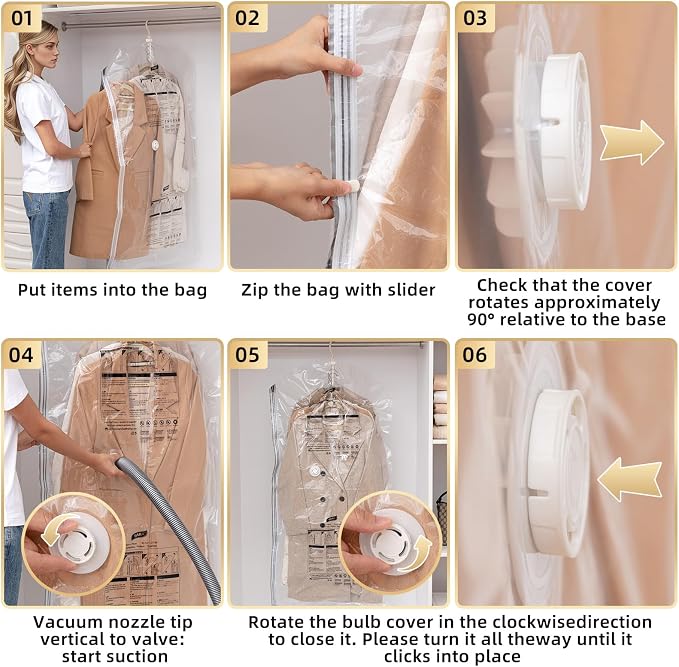 Hanging Vacuum Storage Bags, 6 Large Vacuum Pack Bags for Clothes Reusable Space Saver Bags Vacuum Compression Storage Bags for Winter Coats Wardrobe Coats, Suits & Dresses Garment 5-Ring Hangers | Vacuum Bag Clothing Vacuum Bag for Suits, Coats, Jacke...