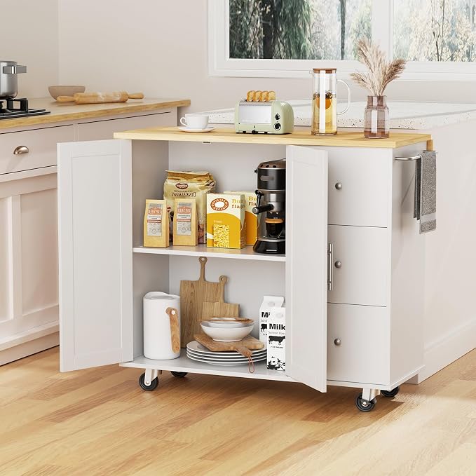 Mobile Kitchen Island on Wheels, Rolling Storage Cart with Drawers, White | 40" Rolling Kitchen Cart , Portable Utility Cart with Locking Casters, for Small Kitchens & Dining Rooms