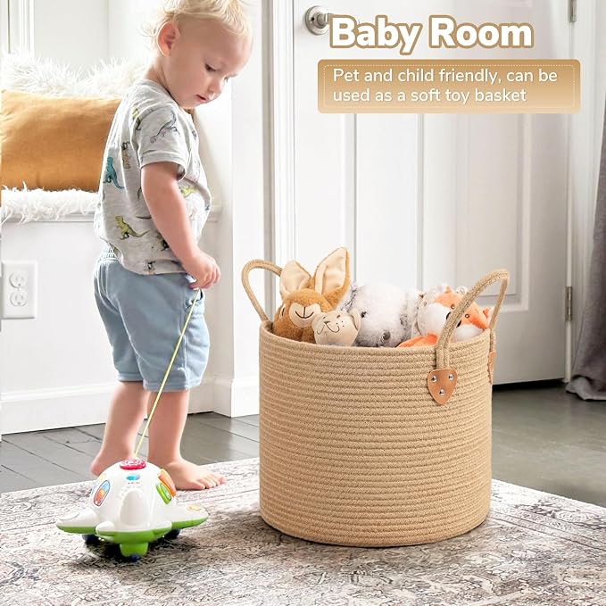CHICVITA Jute Wicker Storage Basket with Leather Handles, 14" x 12"，Jute | Natural Woven Basket, Baby Hamper for Nursery Living Room & Bedroom Organization, Holds Blankets, Towels, Toys & Shoes