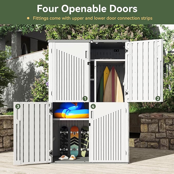 Aoxun Outdoor Storage Shed, 64 Cu.Ft Vertical Resin Sheds, White | Storage Sheds with Floor, Outdoor Waterproof Storage Cabinet for Garage Storage, Pool Storage, Bike Shed, Garden Shed