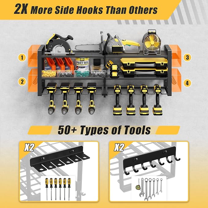 Power Tool Organizer Wall Mount, 350LBS Capacity, 3 Tier, 8 Drill Holders | 3-Tube Reinforced Design, Holds 50+ Tools, Cordless Tool Organizer, Rust Resistant, Quick Assembly, Garage Gift for Men