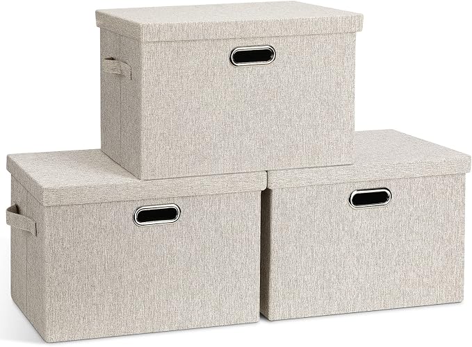 Graciadeco Large Quart Collapsible Stackable Storage Bins with Lids, 3 Packs Beige Linen Fabric Closet Boxes with Lids, Storage Cube Baskets Container Organizers for Bedroom Office(16.6 x 11.7 x 10.8) | 36 Quart 3 Pack Beige Collapsible Stackable Linen...