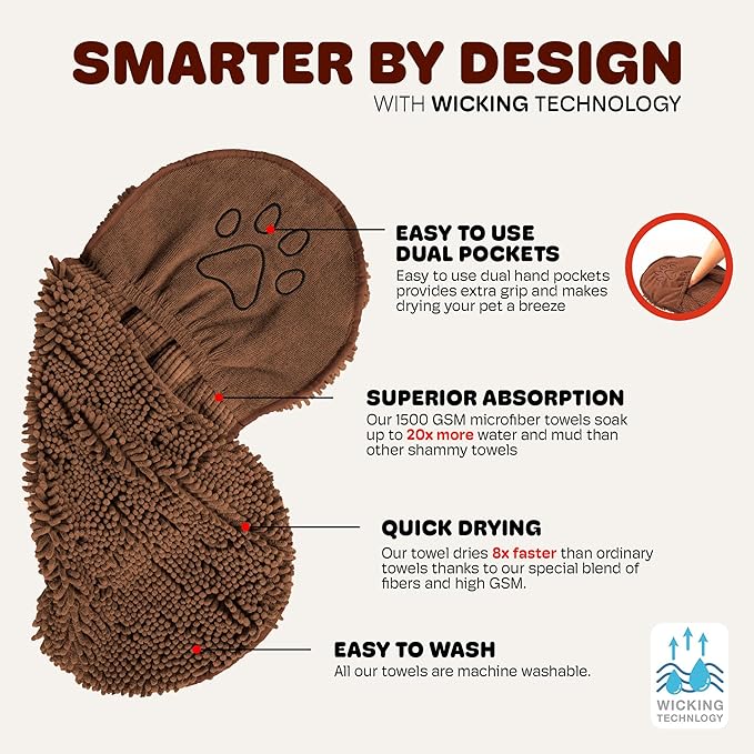 Dog Gone Smart The Dirty Dog Shammy - Fast Drying Plush Shammy Towel with Dual Hand Pockets and Elastic - Super Absorbent Polyamide Microfiber & Machine Washable - Brown, X-Large