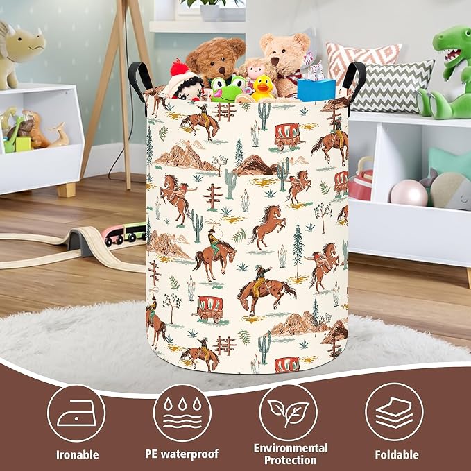 Western Cowboy Fabric Storage Bin,Nursery Organizer Basket | Organizer Bin Dirty Clothes Collapsible Waterproof for College Dorms, Boys and Girls Bedroom,Bathroom