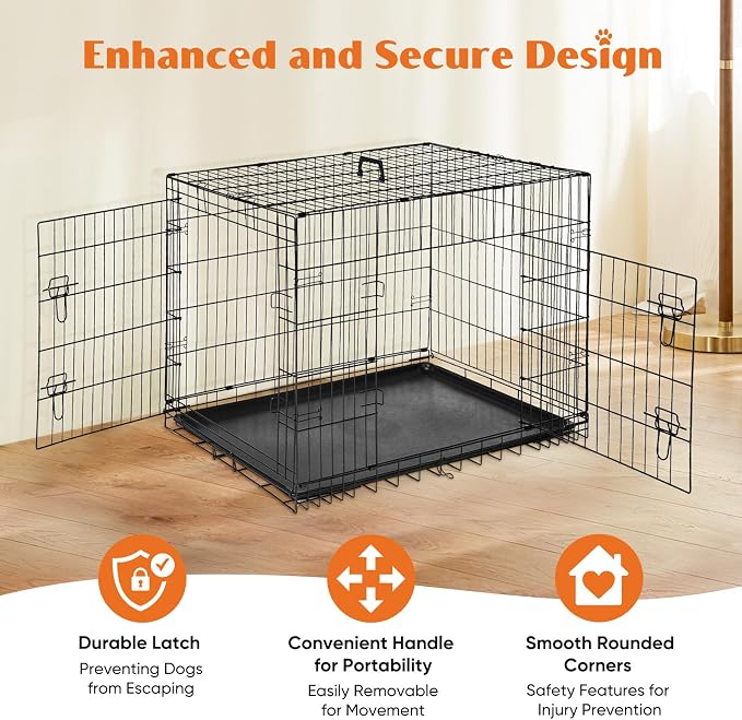 Sweetcrispy Dog Crate 48 Inch, Medium Large Dog Cage, Foldable Pet Kennel | Double Door, Metal Kennel, Secure Lock, Removable Tray, Indoor Outdoor Training Travel
