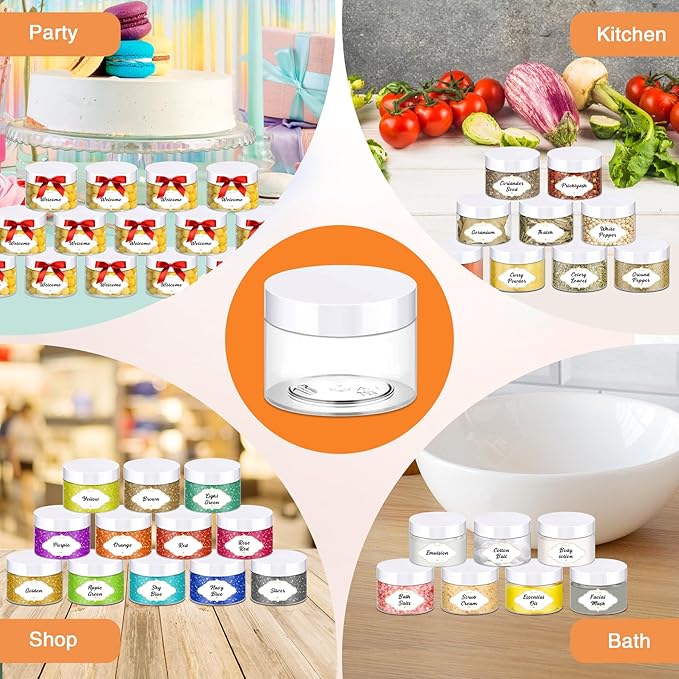PeacePeo 4 OZ Plastic Jars with Lids, 72 Pcs Clear Storage Containers | Round Empty Small Jars with White Lids, Lightweight and Portable, for Travel Storage Makeup, Small Item Storage Organizer