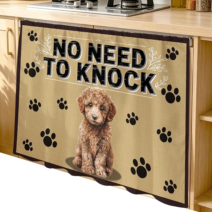 NO Need to Knock Cabinet Dishwasher Hidden Curtains, Privacy Closet Door Curtain, Poodle Dog Paw Prints Pet Lover Farmhouse Adhesive Dust Proof Under Sink Skirt for Bathroom Kitchen 35"x35"