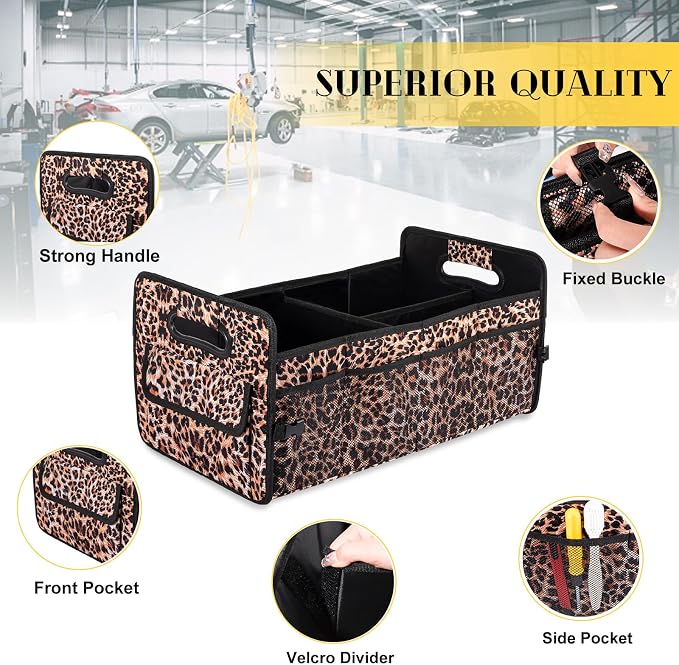 Car Trunk Organizer, Collapsible Car Organizers and Storage Leopard print | Sturdy, Large Capacity, Clean Decor, Multi Compartment Container Box, Adjustable Car Accessories for SUV Sedan Truck