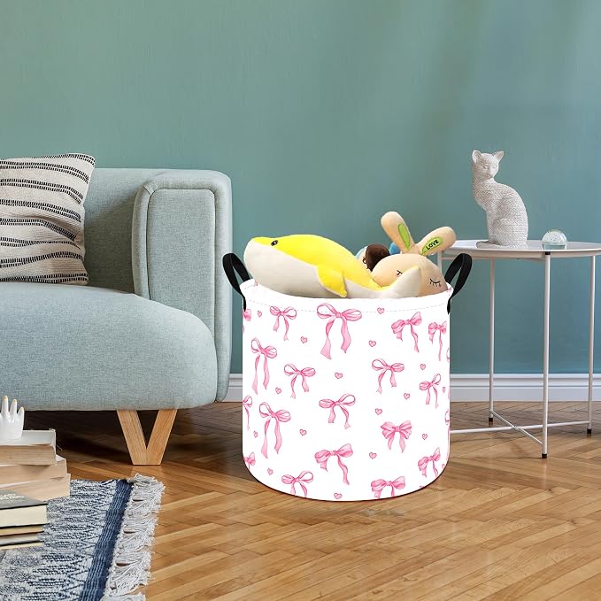 MAIZMZ 3 Pack Pink Bow Storage Basket for Girls Room, 15.7 x 13.3 Inch Round Laundry Basket with Handles,Foldable Toy Organizer Bin with Water-Resistant Lining for Nursery, Bedroom, Gifts