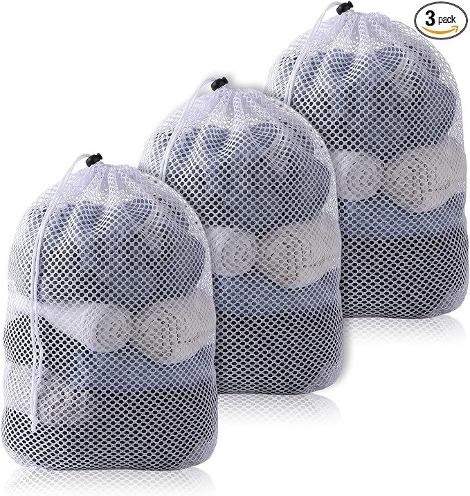 3 Pcs Small Mesh Laundry Bags with Drawstring, 12"×16" Travel Nylon Laundry | Machine Washable Laundry Bags for Delicates White Mesh Wash Bags for Storage Clothes Socks Jewelry Gifts Toys Fruit