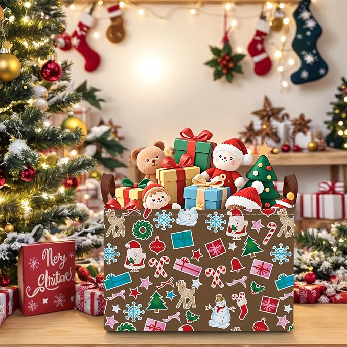 Empty Large Christmas Basket for Gifts Women Collapsible Storage Bin Kids Toy Box Holiday Décor (Santa Claus Snowman Brown)