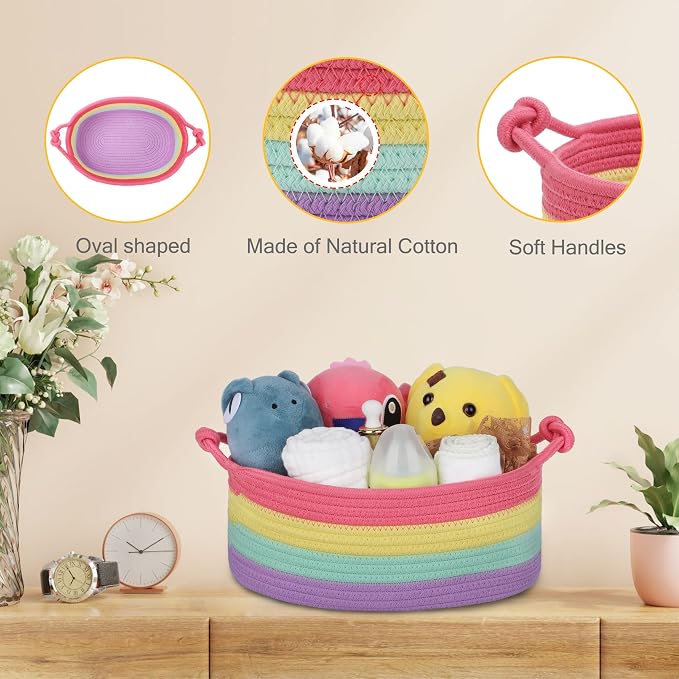 Small Empty Gift Basket with Bag & Ribbons, Rainbow | 12“x8”x5”, Cotton Rope Woven Basket for Birthdays, Baby Showers, Mother's Day, Christmas; Stores Small Items, Kids & Pet Toys