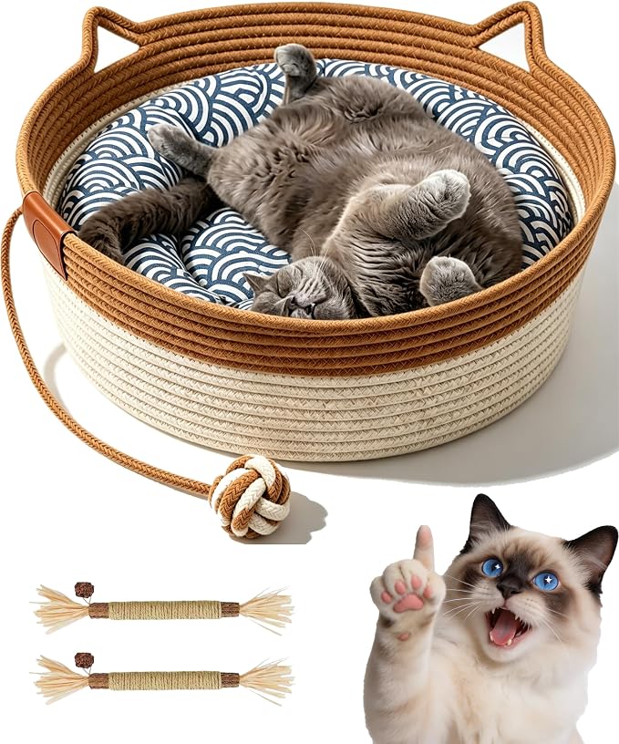 Instinct Basket for Cats,Cat Basket Bed with Cushion & Hanging Ball Toy,Handwoven Cotton Rope Cat Basket (Orange+Mat+Pillow,S(up to 9Lb))