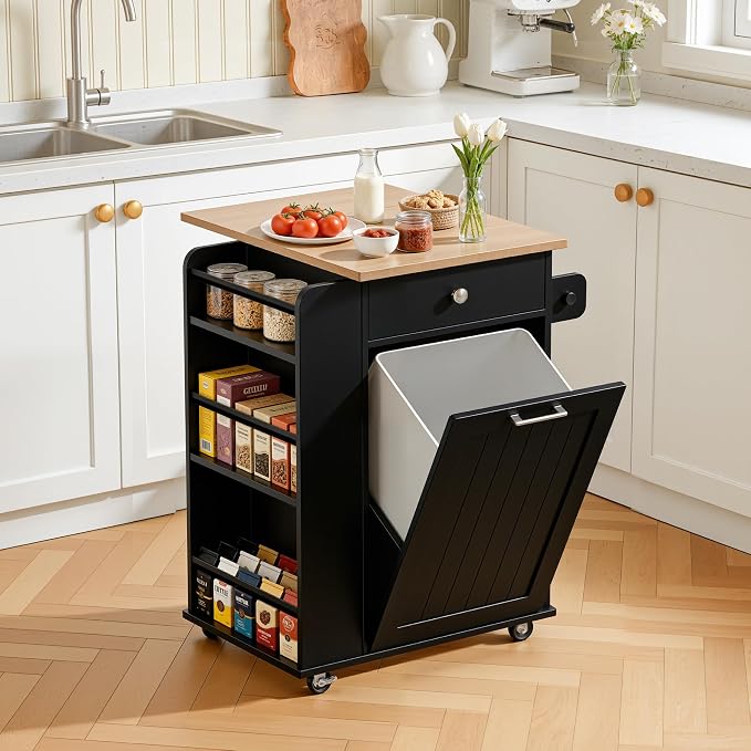 Kitchen Island, Island Table for Kitchen, Kitchen Carts on Wheels with Storage, Hidden Tilt Out Trash Cabinet