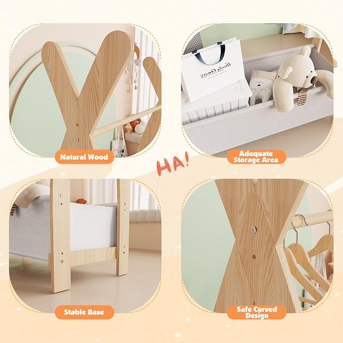 HedoAjim Kids Clothing Rack Dress Up Storage Shelf Closet for Girls Pet Coat Baby Garment Wardrobe Toddler Costume Closet Organizer Hanging Clothes with Double Hanging Rod Wood Nursery