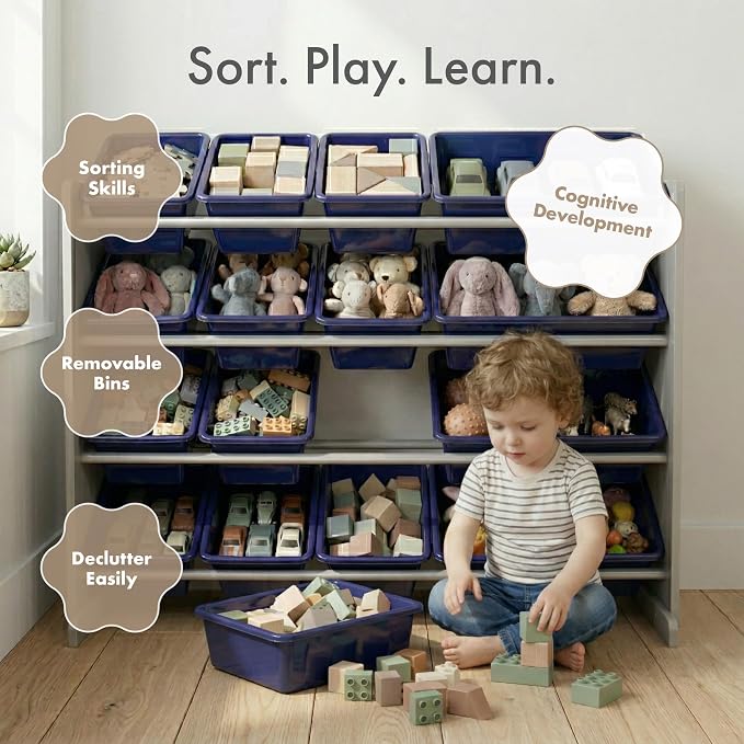 Humble Crew Kids Toy Organizer with 16 Bins, 4 Tier Storage for Playroom | Sturdy wood and steel toddler shelf, removable BPA-free containers, wall anchor anti-tip safety kit for bedroom or classroom