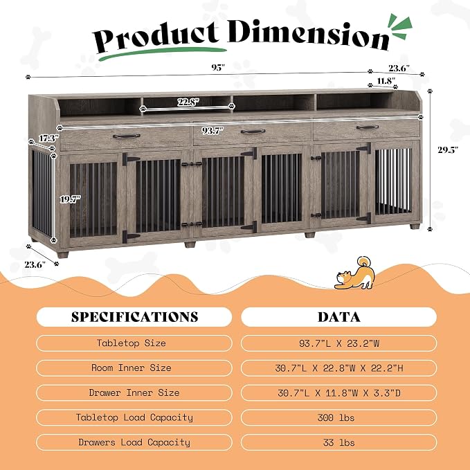AMERLIFE 95" Dog Crate Furniture, Multi-Functional TV Stand with Storage | Dog Kennel with Drawers & Removable Divider for Medium/Small Dogs, Grey