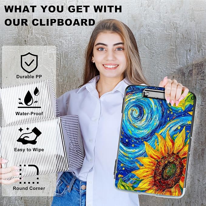 Starry Sunflower A4 Clipboard with Storage Pen Holder, Clipboards Organizer Nursing Clipboard Foldable File Folder Plastic Clipboard Folio Clip Board for Office Students Classroom Doctor