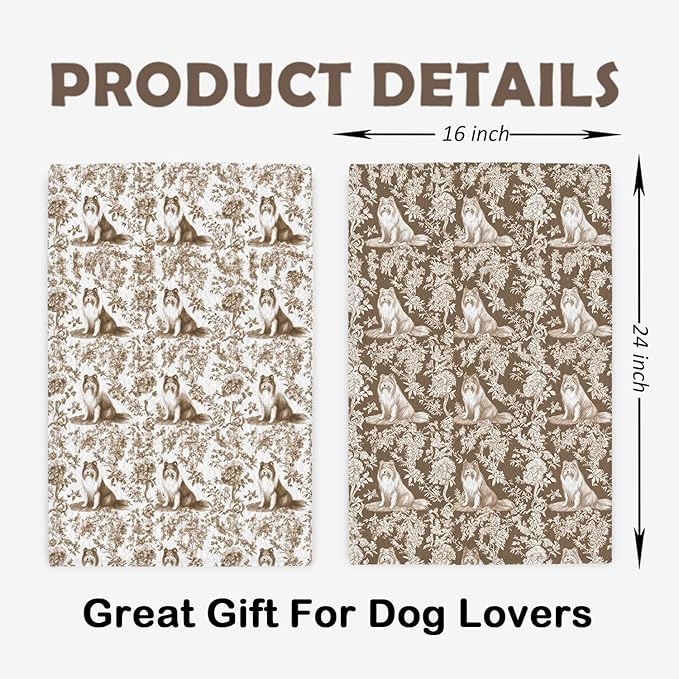 Rough Collie Kitchen Dish Towels Set of 2, Brown and White Floral Dog Towel Dish Tea Towels, Chinoiserie Decor for Kitchen Bathroom,Rough Collie Gifts for Dog Lover Mom Dad,16x24 Inch