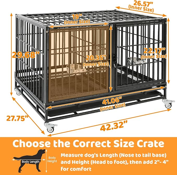 Homey Pet 43" Heavy Duty Dog Whelping Box for Puppies + Dog Crate on Wheels | Front Door, Top Open, Lockable Wheels, Removable Tray, Detachable Divider & Bowl | Airflow & 360° View | Easy- Move & Clean