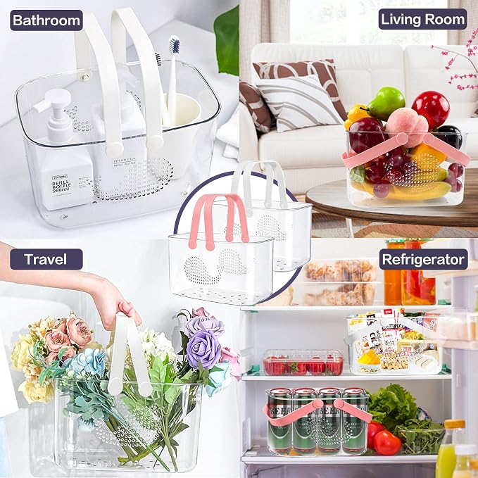 2 Pack Plastic Shower Caddy Basket for Bathroom (White+Pink) | Portable Shower Caddy Tote Storage Basket with Colorful Handles, Clear Toiletry Organizer Bin for Kitchen College Dorm