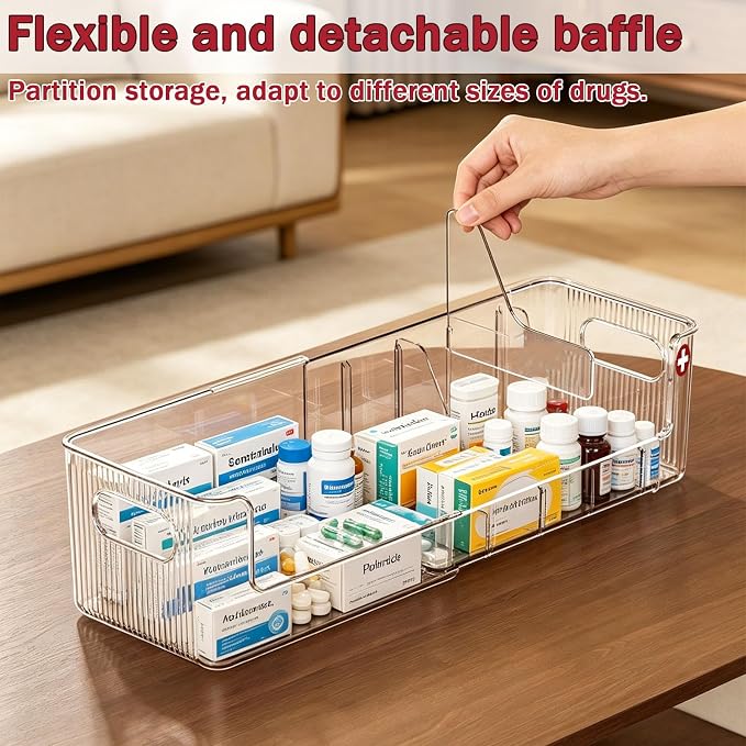 Clear Expandable Medicine Organizer for Cabinet & Countertop, Large First Aid Storage Bin with Removable Dividers, Adjustable 6-Compartment Medication Organizer Box for Bathroom Pantry