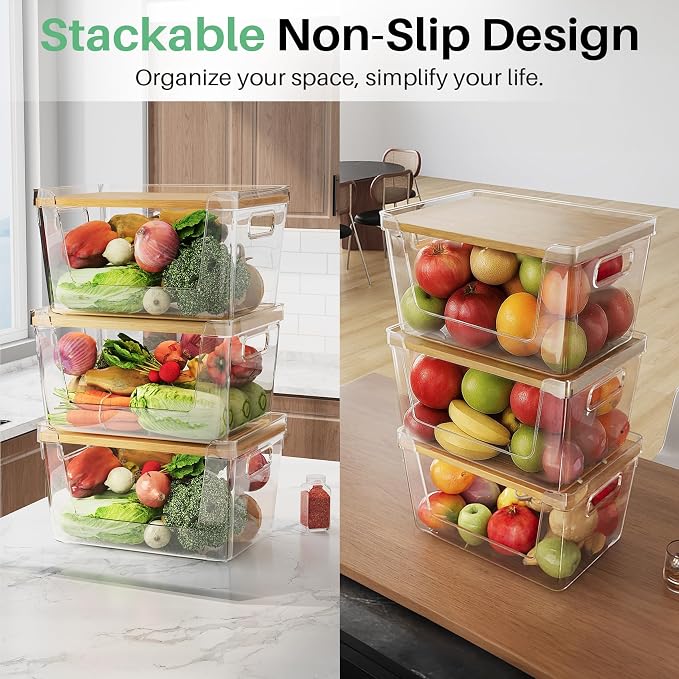 3 Set Pantry Organizer and Stackable Storage Kitchen,Sturdy and Durable Storage Basket for Potato, Onion, Garlic, Fruit, Vegetable, Produce, Clear Plastic Storage with Lid&Handle