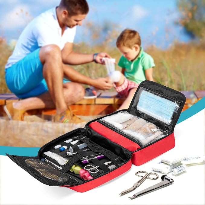 Trunab First Aid Trauma Bag with 2 Inner Flaps, Medical Supplies Pouch,Red | Empty Bag with Hand Strap, Customizable Interior for Home or Outdoor Use
