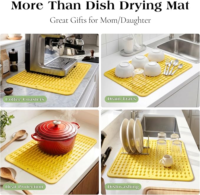 CAKETIME 2 Pack Multicolor Silicone Dish Drying Mat for Kitchen Counter Under Espresso Machine Appliance Sink Protector Pet Food Mat Stone Rack Trays Drain Extra Large 24"*18" Yellow