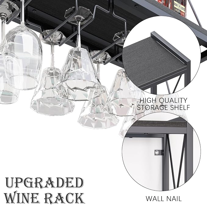 Dokser Wine Rack Wall Mounted Shelf - 2 Tier Wine Bottle Holder for Kitchen | Black 2 Tier Wall Wine Rack with Rustic Wood & Industrial Iron Frame Wine Bottle Holder for Dining Room, Home Bar Decor 31.5"