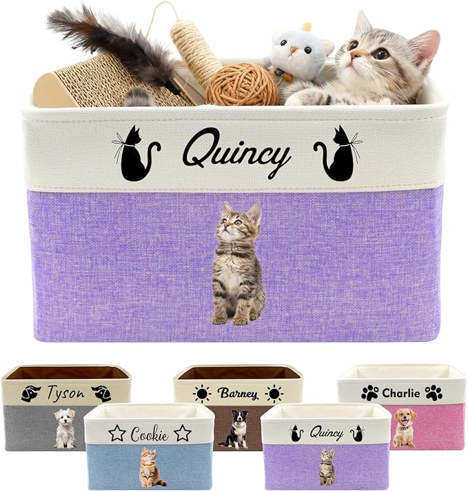 Personalized Dog Toy Basket with Name Photo Custom Dog Food Storage Bins Collapsible Organizer for Toys Dolls Clothing-Purple