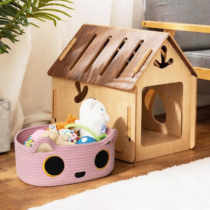 Pink Cat Toy Basket, Small Woven Cat Toy Storage Box with Cute Ears Handle Indoor, Cotton Rope Storage Bin with Embroidered Face for Home Decor, Pet Bed, Baby Nursery Kids Room Organization