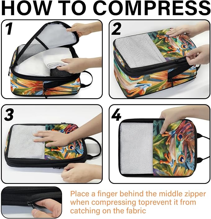 Green Frog 6 Set Compression Packing Cubes Cute Cartoon Frog Expandable Packing Organizer for Travel Accessories Luggage Suitcase Bag
