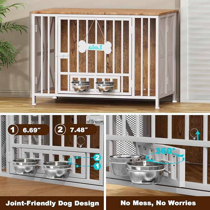 Easycom Foldable Large Dog Crate Furniture, 41.3" Assembly-Free Dog Crates for Large Dogs, Decorative Wooden Dog Kennel Indoor with Tag & Dog Bowls, Dog Cage Use as TV Stand, White & Beech | Foldable Large Dog Crate Furniture for Large Dogs, Wooden Dog...