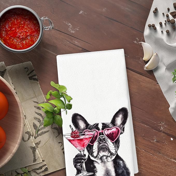 French Bulldog Kitchen Towels - French Bulldog Cocktail Lovers Gifts, Funny Frenchie Wine Hand Towels Dish Towels for Kitchen Home Bar, 16x24 Inch