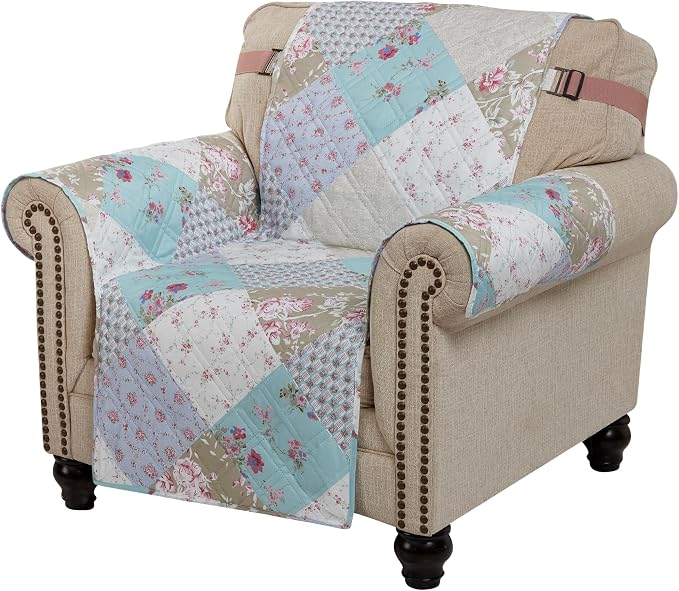 Brilliant Sunshine Blue & Green Roses Couch Armchair Cover, 23" seat | Quilted Sofa Cover, Living Room & Bedroom Furniture Protector, Washable Chair Slipcover for Pets, Dogs & Cats