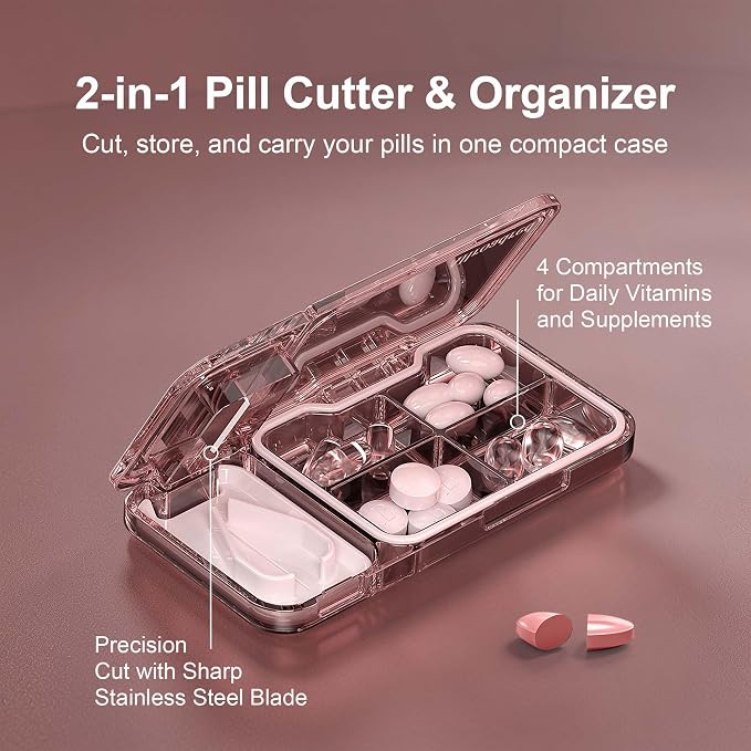 2-in-1 Pill Cutter and Splitter with Pill Organizer, Airtight Moisture-Proof Pill Case, Stainless Steel Blade for Tablets, Vitamins & Supplements, Travel Pill Case (Satin Red)