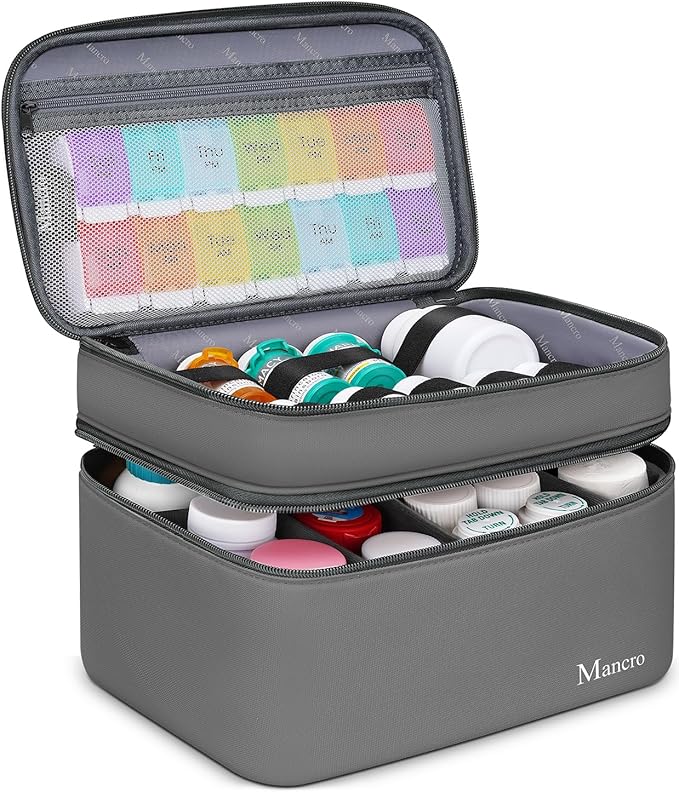 Mancro Dual Layers Medicine Organizer Bag with Lockable Zipper | Pill Bottle Organizer Storage, Medication Bag for Pills, Vitamins, Medical Supplies for Home Storage, College Medicine Kit