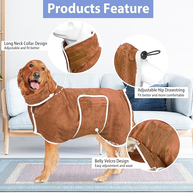 Dog Bathrobe Towel Dog Drying Coat - Super Absorbent Towels Bath Robe for Dogs Large, Soft Adjustable Collar & Belly Strap Fast Drying Coat Pet Cat Bath Robe (Brown, 3X-Large)