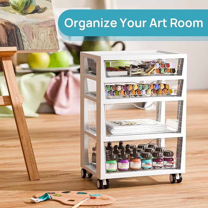 Vtopmart 4-Tier Plastic Drawer Storage Rolling Cart with Wheels | Clear Drawers, Multiple Size Storage, Visible Organization, Sturdy Design, Under Desk, Office, Makeup, Crafts & Art Storage