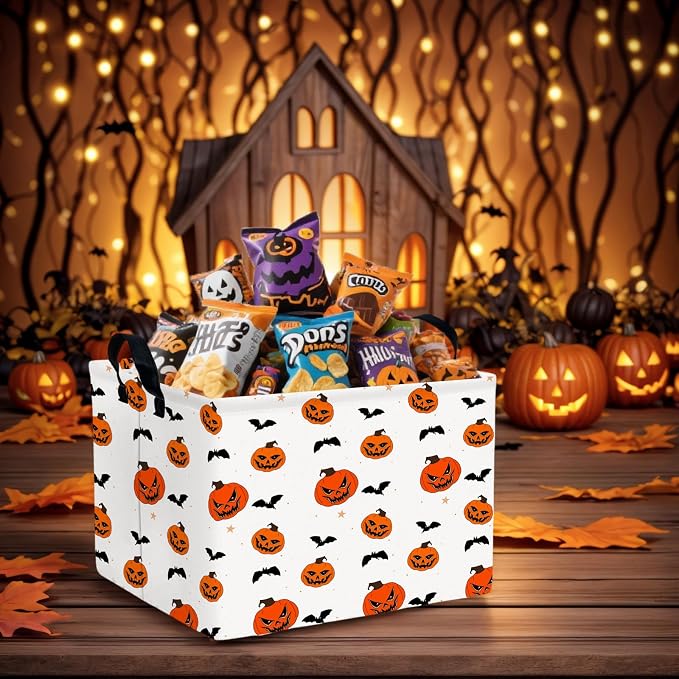 Large Halloween Basket Gift Personality Pumpkin Ghost Parties Decor Kid Trick or Treat Basket for Boys and Girls Rectangular Storage Bin Box (Pumpkin Bat)