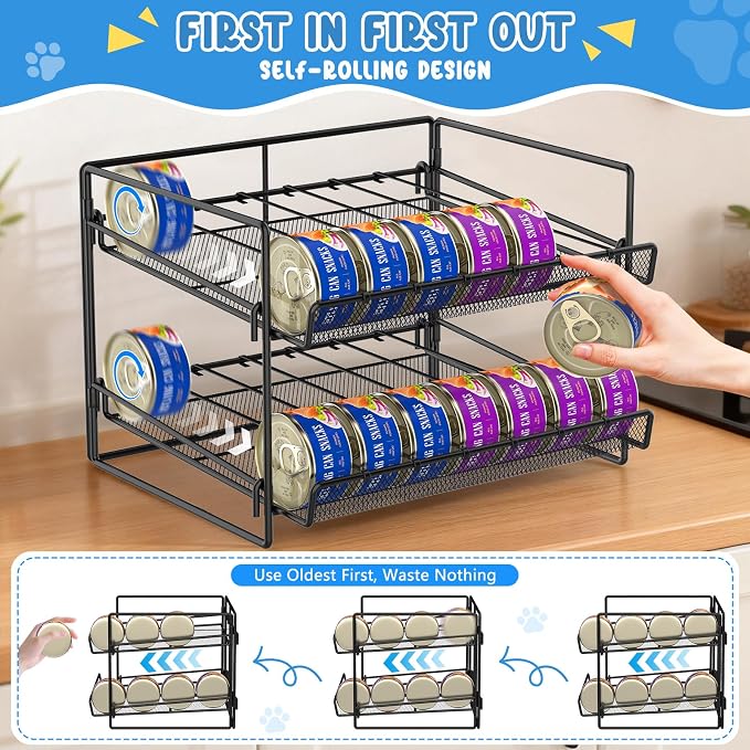 Cat Food Can Organizer 2-Tier Can Organizer for Pantry 56 Cans 3.5oz | Black metal 2-tier cat food can organizer,Holds 56 cans 3.5oz,Adjustable pantry countertop storage for kitchen cabinet