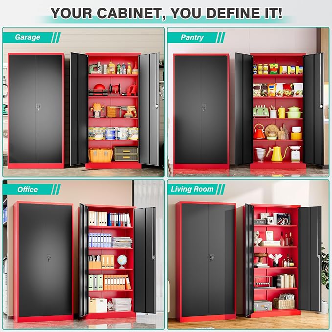 Wide & Deep Metal Storage Cabinet with Lock & Adjustable Shelves,72" Red Black Garage Storage Cabinet with Locking Doors,Lockable Cabinets for Home,Office,Shop,Garage,Basement 72x36x18