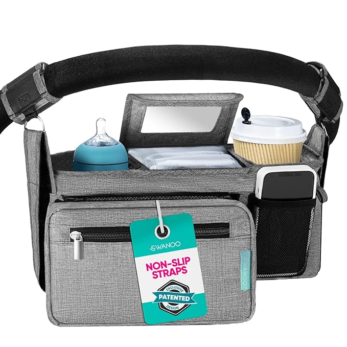 Swanoo Stroller Caddy Organizer, Cup Holder, Wipes Pocket, Non-Slip, Grey