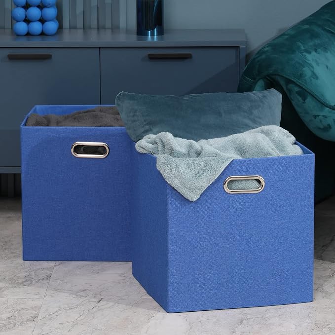 13x13x13 Inch Foldable Cube Storage Bins with Metal Handles, 4 Pack | Navy Blue fabric organizer boxes|for closet, shelf, bookcase and bedroom|fold flat when unused