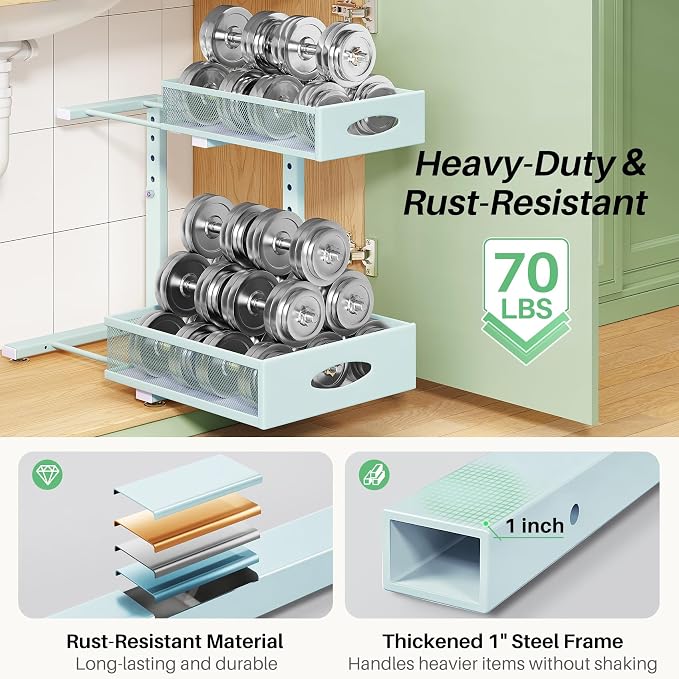 Under Sink Organizer, 2-Pack Pull Out Cabinet Organizer 2 Tier Metal Slide Out Storage Shelf Rack, L-Shaped Adjustable Height,Mesh Sliding Drawer for Kitchen, Bathroom, Laundry, Pantry, Blue, XL