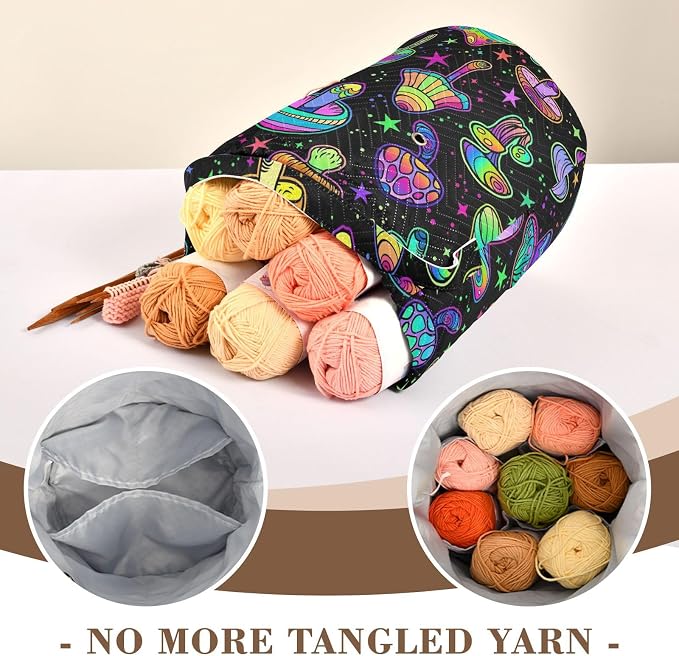 Fustylead Colorful Psychedelic Mushrooms Yarn Knitting Crochet Drawstring Bag with Customized Front Compartment, Portable Large Storage Basket for Crocheting Project, Kit, Yarn Ball, Needles