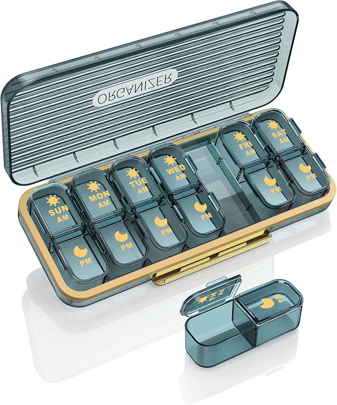 Acedada Am Pm Pill Organizer, Weekly Pill Box 2 Times A Day, Stylish Blue | 7 Day Pill Organizer with 7 Separate Containers, Portable Daily Medicine Dispenser Case for Vitamin, Fish Oils, Supplements