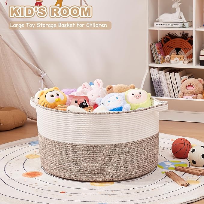 OIASKET Large Blanket Basket with Handles, 22.8" x 22.8" x 13" Woven Storage Basket for Living Room, Cotton Rope Baby Toy Storage for Clothes, Pillows, Towels-Brown & White