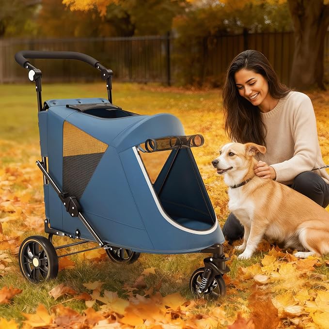 Magshion Pet Stroller for Medium Large Dog, 3-Wheel Foldable Jogger, Navy | All-Terrain with Adjustable Handle, Dual Entry, Rear Storage, Breathable Mesh, One-Foot Brake, Up to 55 lbs